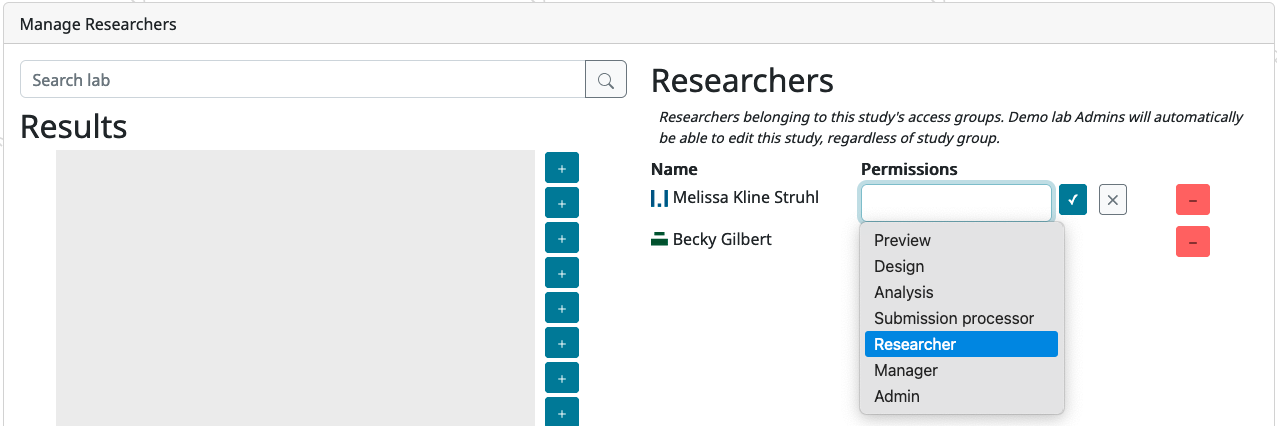 Use the drop-down menu to change the researcher's study permissions