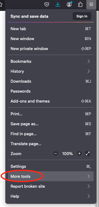 Firefox hamburger menu and More tools