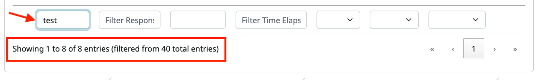 Text beneath the individual responses table that says "Showing 1 to 8 of 8 entries (filtered from 40 total entries)."
