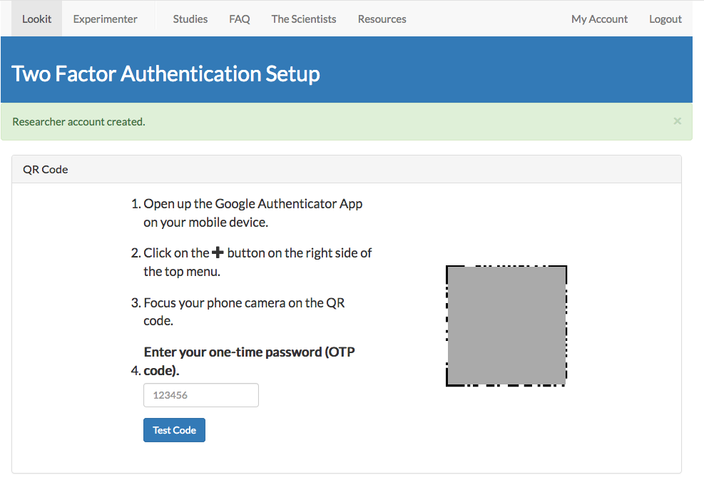 Two-factor authentication setup screen