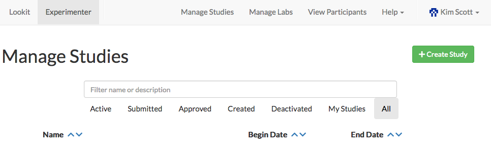 Lookit studies page visible after researcher login