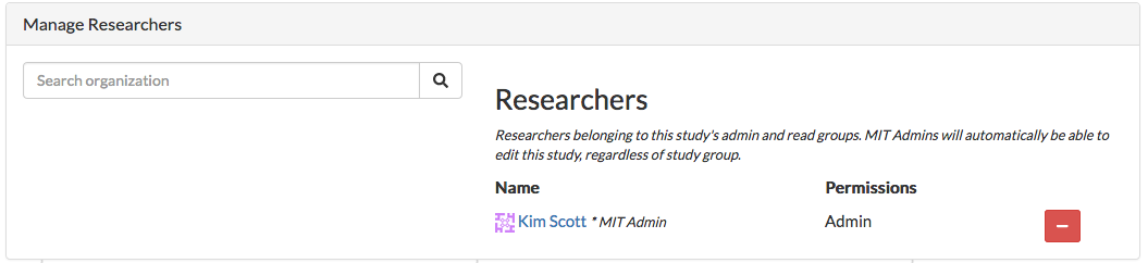 Manage researchers section