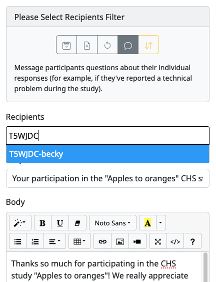 Selecting recipients on contact participants page