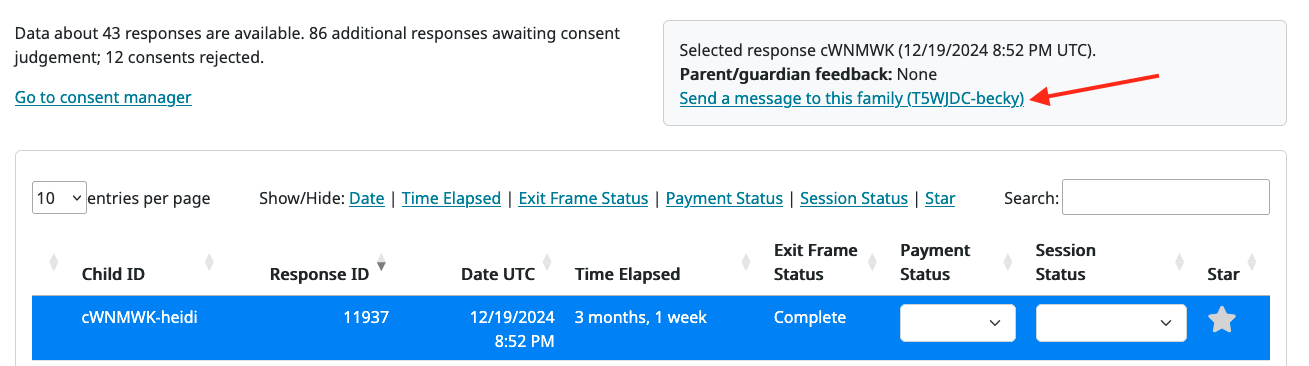 Send message to this family link above the Individual Responses table.