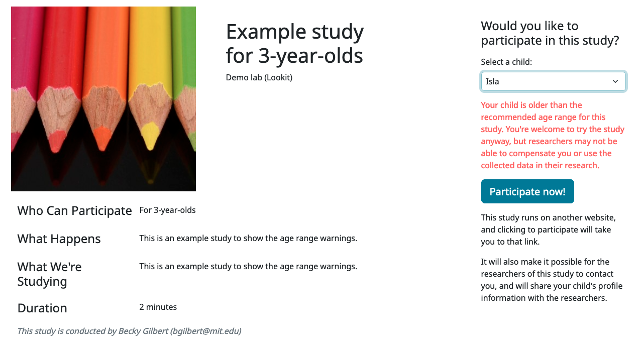 Family-facing study detail page with a child selected who is above the age range, and red ineligibility warning text.