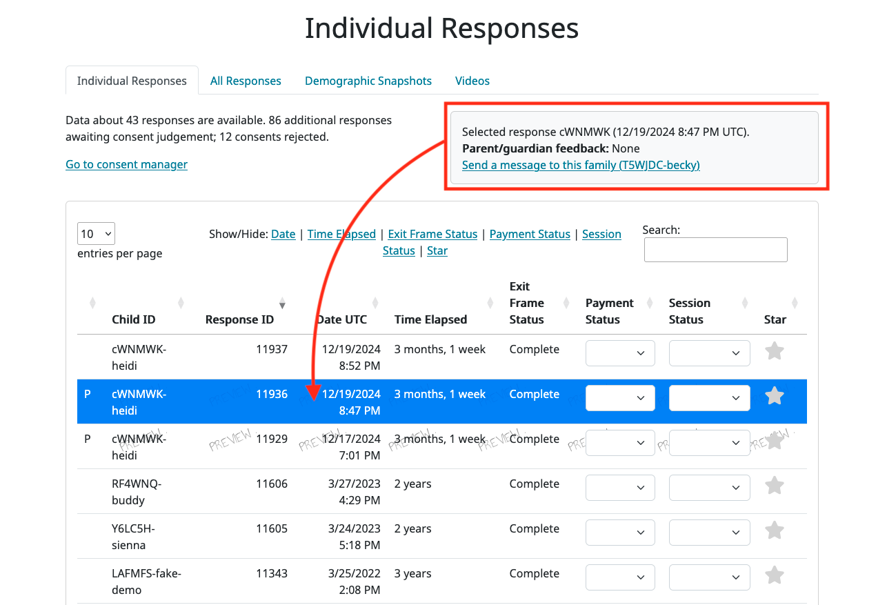 View individual responses table.