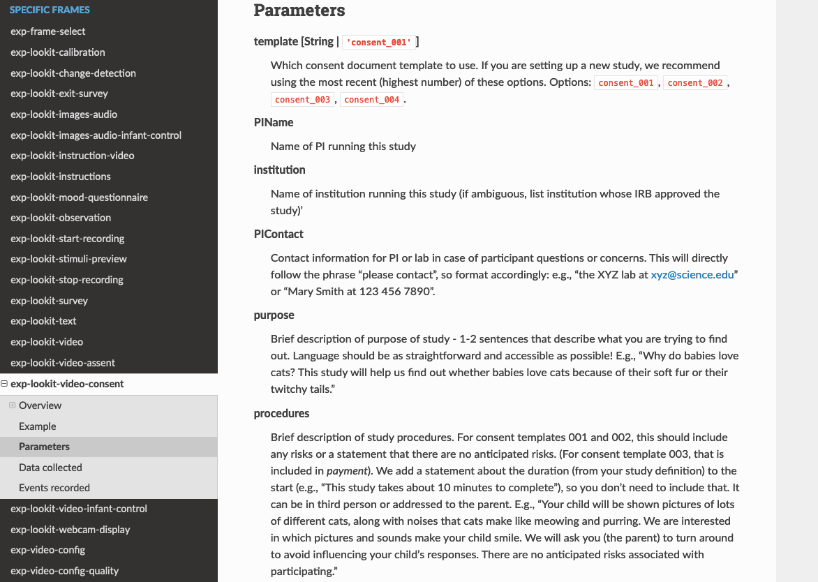 Properties as displayed in frame docs