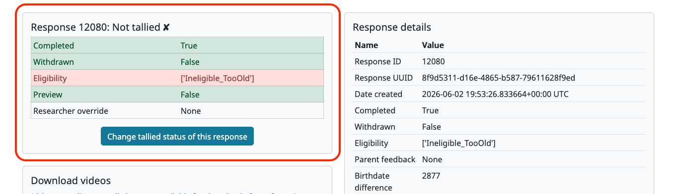 Tallied response status box beneath the Individual Responses table, showing criteria breakdown and override status.