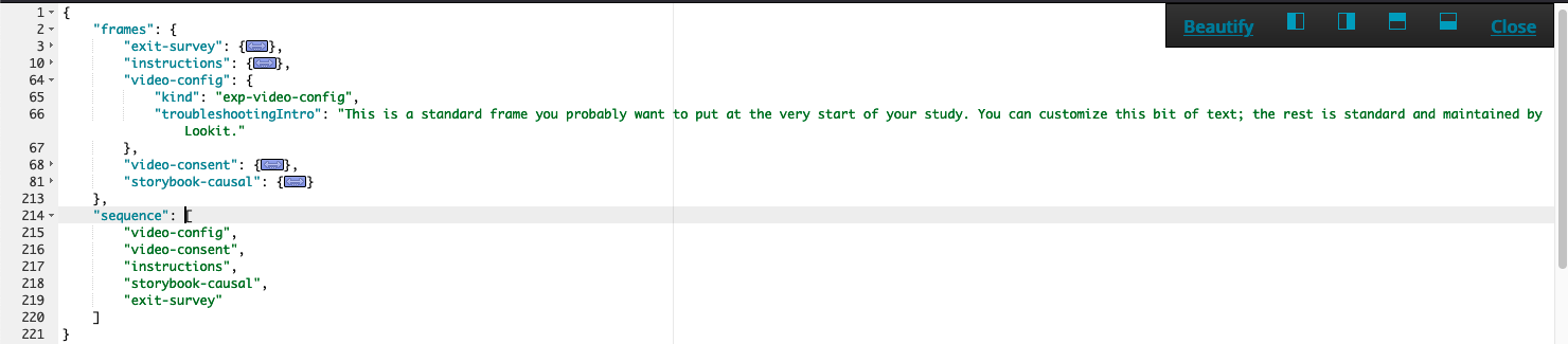 Formatted JSON collapsed into high level keys with one frame expanded